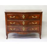 A GOOD 18TH CENTURY FRENCH SERPENTINE FRONTED COMMODE, fitted with three long drawers with ornate