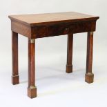 AN EMPIRE RECTANGULAR TOP SIDE TABLE with single drawer on column supports.