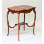 AN EDWARDIAN MAHOGANY INLAID SHAPED RECTANGULAR TABLE with curving legs and an under tier. 2ft