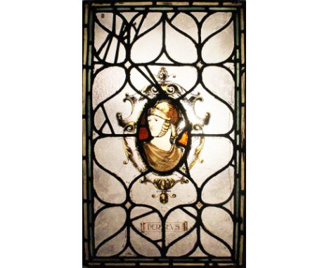 A SET OF THREE 19TH CENTURY WINDOW PANELS, each painted with an oval portrait plaque depicting Perseus, Orpheus and Glauce. E