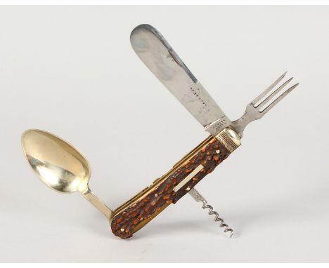 A BONE AND METAL CAMPAIGN KNIFE AND FORK by REVITT & HULL.