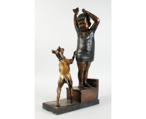 A TWO-COLOUR BRONZE GROUP OF A FRIGHTENED CHILD and playful dog, the dog trying to get the boys biscuit. 25ins high.
