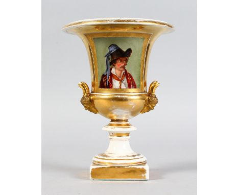 A 19TH CENTURY FRENCH TWO-HANDLED CAMPAGNA URN, with painted portrait and mask handles. 10ins high.