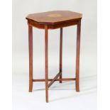 A VICTORIAN MAHOGANY SHELL INLAID OCTAGONAL TOP TABLE with tapering legs and under tier. 1ft 6ins
