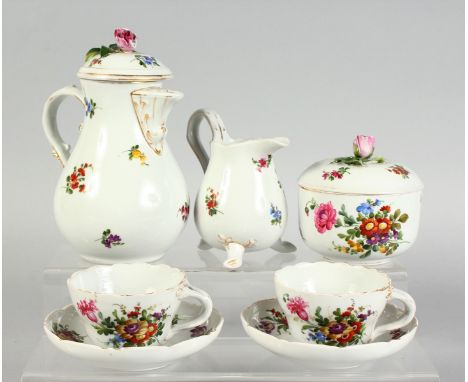 A MORNING COFFEE SET, painted with flowers, coffee pot and cover, milk jug, sugar basin and two cups and saucers.