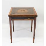 A GOOD VICTORIAN MAHOGANY INLAID ENVELOPE CARD TABLE, with black leather interior, fitted with a