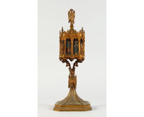 A 19TH CENTURY BRONZE LIGHT OF CLASSIC DESIGN, inset with eight painted panels of saints. 12.5ins high.