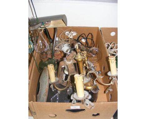 A box of light fixtures and fittings, including black enamel utility shade 