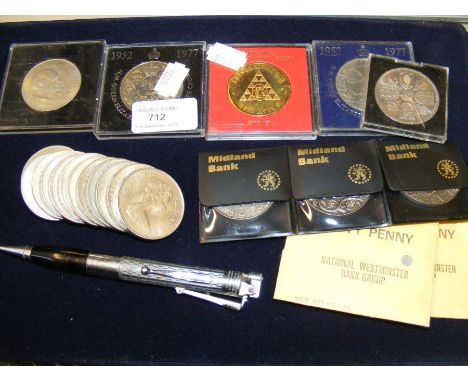 Various collectable coins together with a Ronson lighter pen
