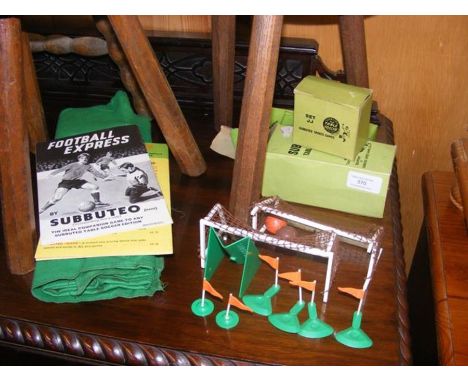 Vintage Subbuteo cloth and football pitch accessories, including goals 
