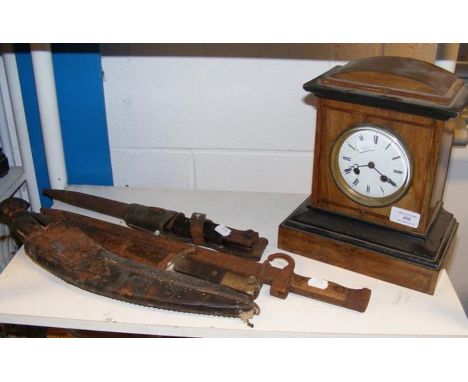A Victorian two train mantel clock, together with vintage kukris etc.