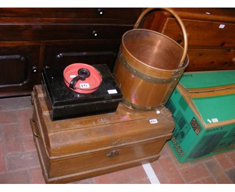 A vintage metal trunk, copper bucket, lock box and enamel candle holder 