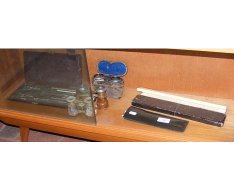 A quantity of architect drawing tools, together with three pairs of opera binoculars