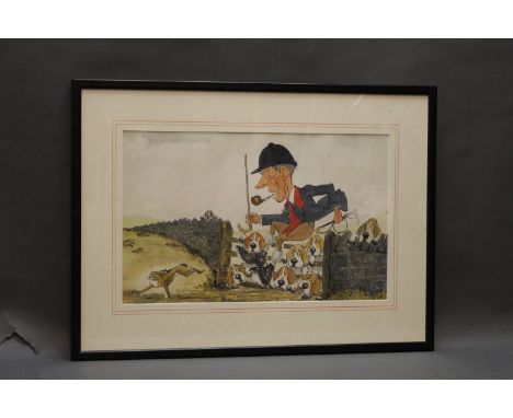 John William Wilkinson (Wilk 1906-1994), watercolour cartoon, Albert Benson leaping a gate with beagles.  25 cm x 40 cm, fram