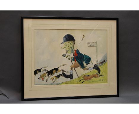 John William Wilkinson (Wilk 1906-1994), watercolour cartoon, Albert Benson running with the Beagles, label verso "To The Cro