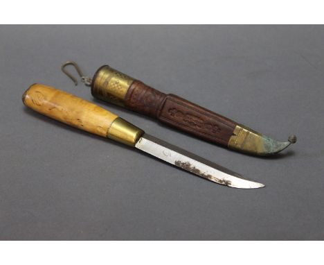 Norwegian hunting knife, 3 3/4" blade and curly birch handle.  Length 19 cm, with brass and leather scabbard. 