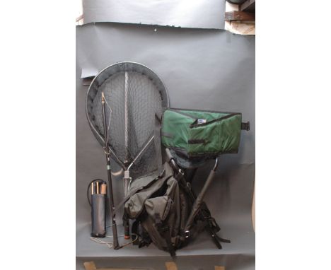 Hardware fishing stool/rucksack, and Whitlock extending bowheaded landing net, Creek Co. line catcher, collapsible wading sti