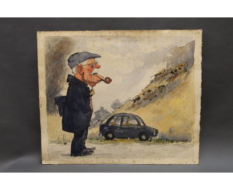 John William Wilkinson (Wilk 1906-1994), two hunt cartoons, one watercolour depicting gentleman with car and hounds, 34 cm x 