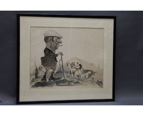 John William Wilkinson (Wilk 1906-1994), watercolour cartoon, Jack Redmond of the Melbreak Foxhounds.  33 cm x 40 cm, signed,