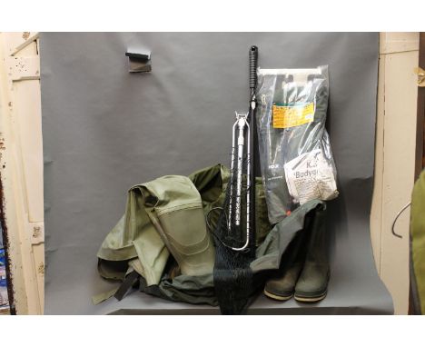 Heron fly fishing waistcoat/life vest, pair of Snowbee chest waders (8), pair of thigh waders (7), wading stick, folding land