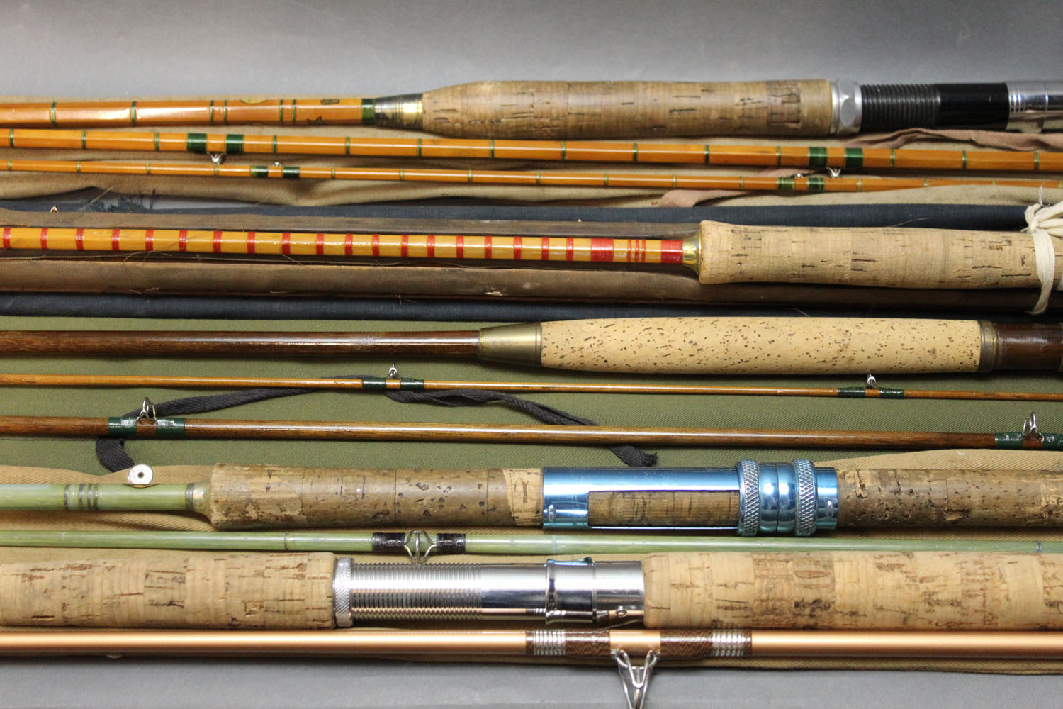 Five fishing rods, Lee of Redditch "The Superb" split cane sea trout