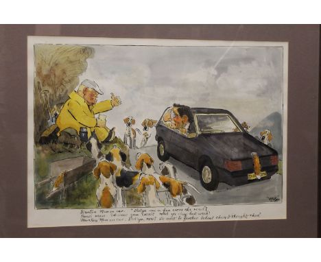 John William Wilkinson (Wilk 1906-1994), watercolour cartoon, with caption below "Hunting Man in Car - Did Ya See a Fox Cross