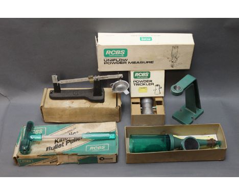 Quantity of re-loading equipment, to include RCBS Uniflow powder measure, powder trickler, Kinetic bullet puller and scales. 