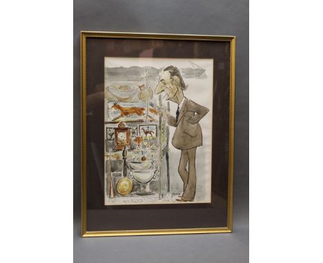 John William Wilkinson (Wilk 1906-1994), watercolour cartoon, John Cowell or Brassy Johnnie, shop owner Lake Road, Keswick.  