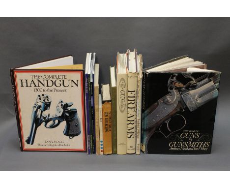 14 books on guns, to include "The Complete Handgun" by Ian V. Hogg.