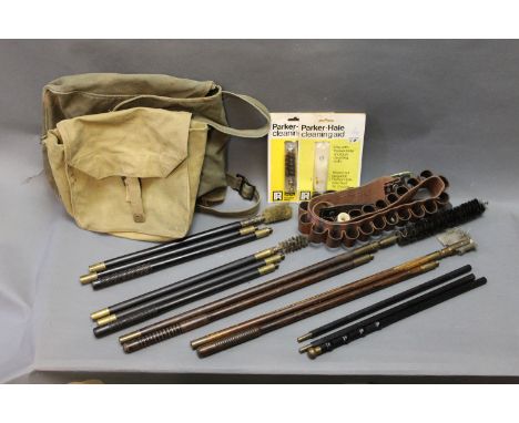 Five vintage shotgun cleaning rods, 2 vintage bags, cleaning equipment, cartridge belt and shooting stick. 