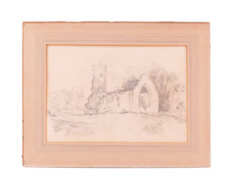 John Joseph Cotman (1814-1878), 'Whitlingham Church', signed, titled and numbered 103, pencil sketch, an applied newspaper cl