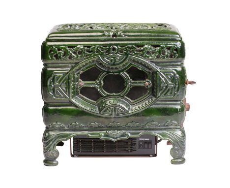 A Faure Revin 'Mah Jong' green enamelled stove, converted into an electric heater, 50 cm wide, 46 cm high, 28 cm deepOverall 