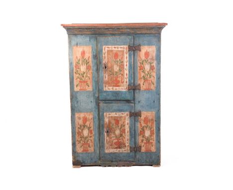 A Swiss Folk Art naive painted cupboard/hutch, early 20th century and later, fitted two cupboard doors with wrought iron butt