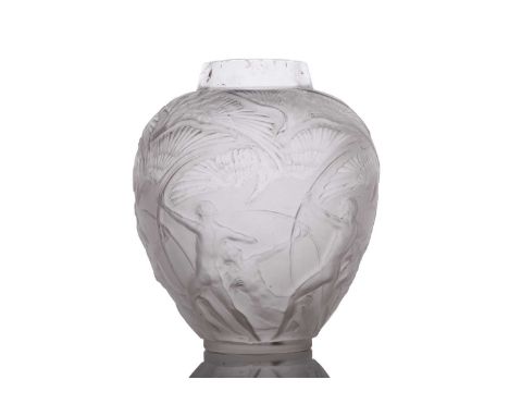 René Lalique: a clear and frosted glass 'Archer's' vase, depicting naked archers and birds, etched R.Lalique mark partially o