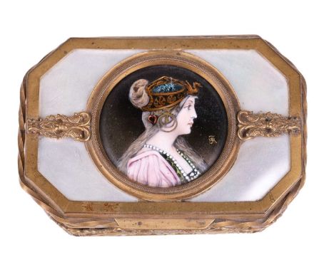 A 19th-century French gilt metal and mother of pearl ring box, of rectangular form with canted corners, the cover set with a 