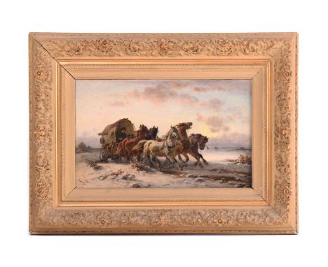 Adolf Van Der Venne (1828-1911) Austrian, Hungarian Post wagon, a horse-drawn wagon in a snowy landscape, signed and dated '8