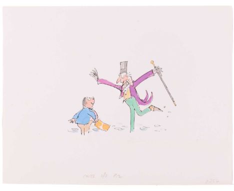Quentin Blake (b.1932), Willy Wonka and Augustus Gloop holding a Golden Ticket, unsigned, inscribed in pencil C7133 s/s P.2 p