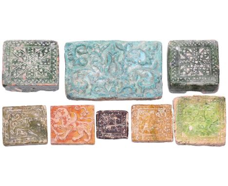 A group of eight various Islamic tiles, 13th century and later, including a large turquoise glazed faience tile, possibly Sel