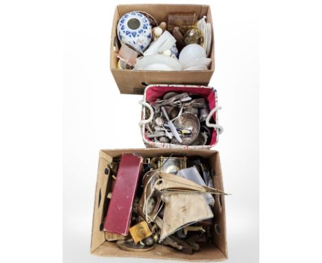 A quantity of silver plated cutlery, brass items, lamp in the form of a sail boat, mantel timepiece, assorted ceramics, domin