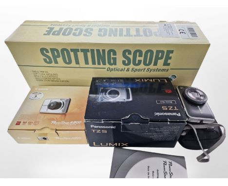 A Panasonic Lumix TZ5 9.1mp camera, Canon Powershot 800 digital camera, Canon Powershot SX220HS digital camera and an Optical