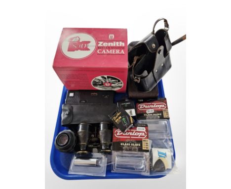 A Zenith Reflex system camera in box, Kodak camera, Goldline teleflash, three Dunlop glass guitar slides, pair of antique bin