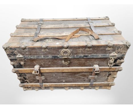 A 19th century canvas and pine trunk, with metal mounts, width 93 cm.