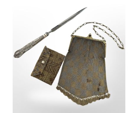 A silver-mounted letter knife, together with vintage evening bag and beaded purse.