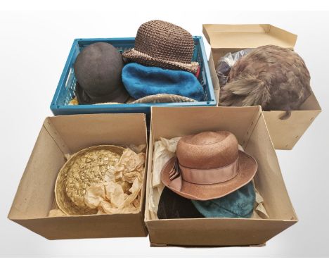 A quantity of vintage lady's purses and handbags, various hats, a gent's bowler hat, ostrich feather hat, etc. 