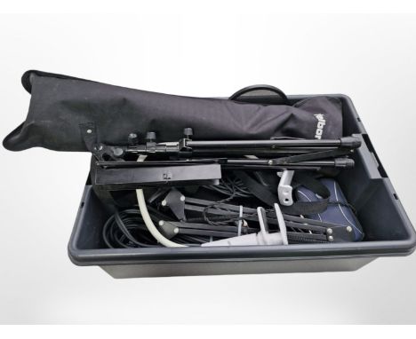 A group of musical equipment including collapsable music stand, angle poised clamp, instrument cables including Stagg, pair o