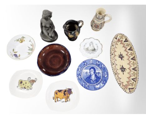 A quantity of continental ceramics, Royal Worcester Evesham fruit bowl, Queen Victoria commemorative plate, figure of a nude 