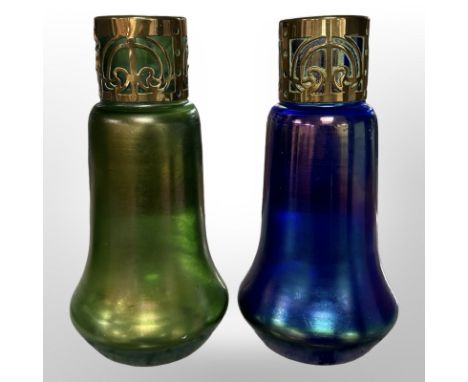 A pair of Art Nouveau blue and green iridescent glass vases with brass mounts, height 19.5cm.