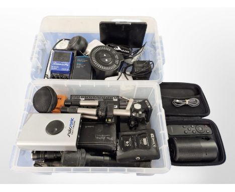A quantity of musical and other equipment, including a Nux delay time core switch, a Boss SY-1 synthesizer signal processor, 