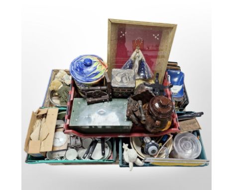 A large quantity of miscellaneous ceramics, Rumtopf storage jar, teddy bears, crock pot, Art Deco clock, scales etc (one pall