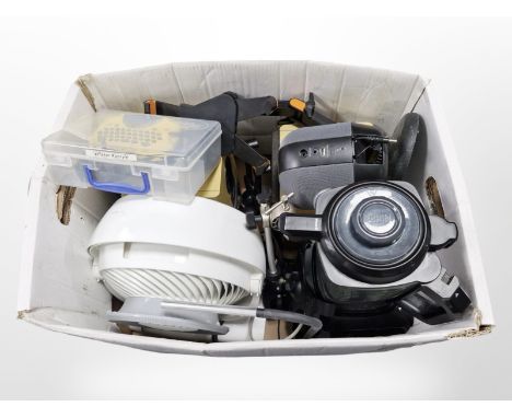 A group of homewares including Ninja blender, fan, speaker, further pair of Celestion speakers, label maker, etc. (1 box)